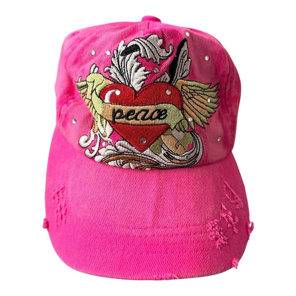 Y2K Cheveux Pink Rhinestone Peace Heart‎ Embroidered Dad Hat Ed Hardy Style Cap